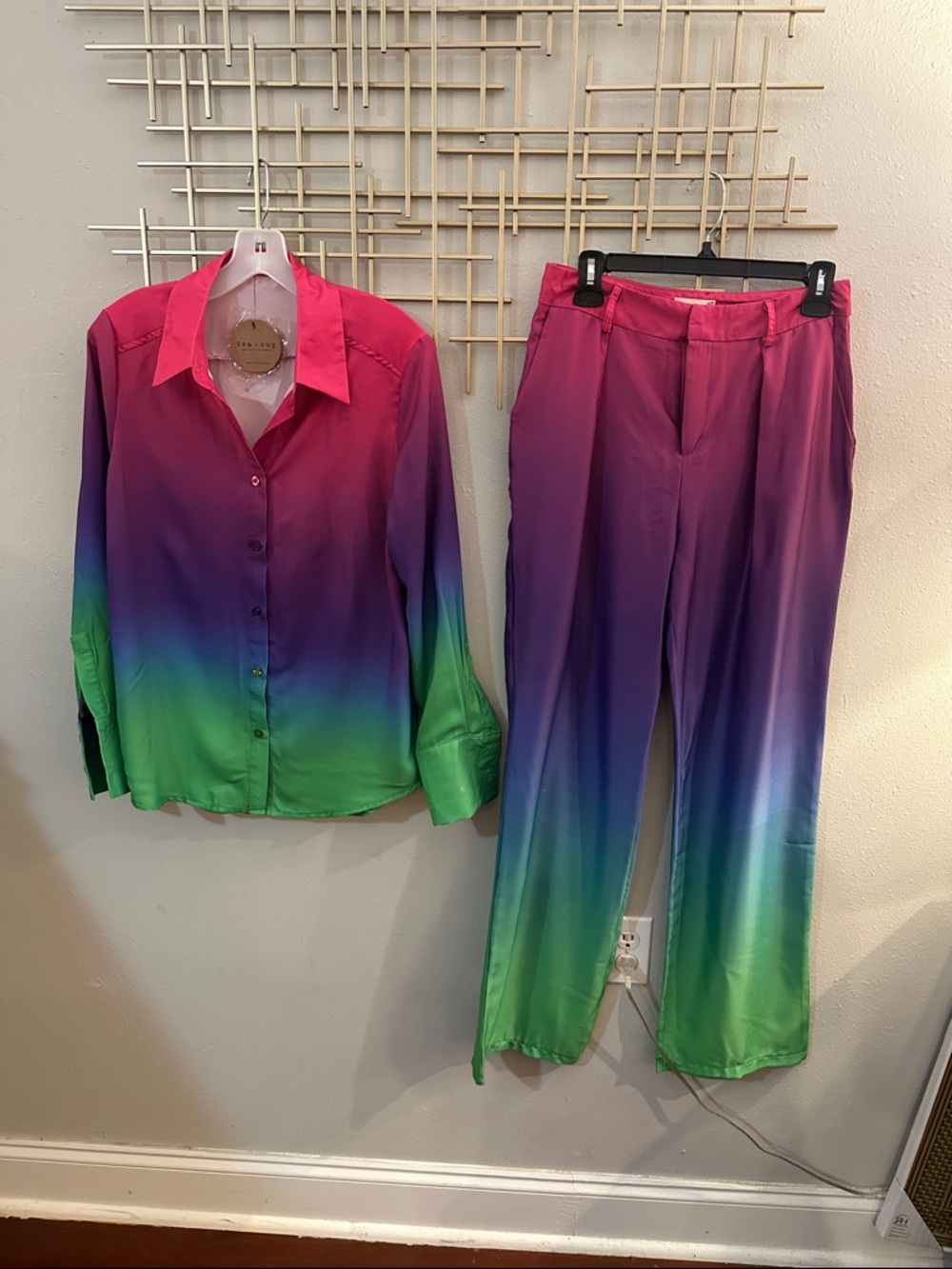 Gradient Silk Button-Up Shirt & Wide-Leg Pants Set - Multicolor
